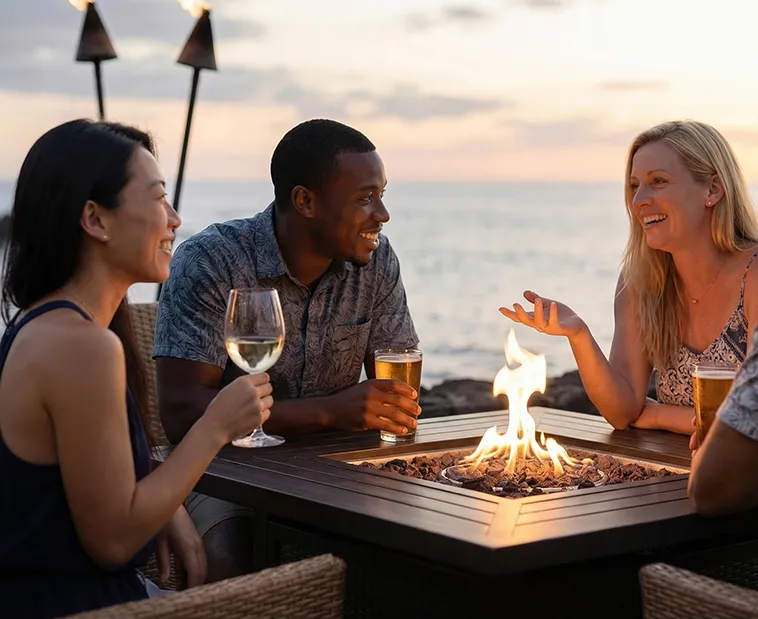 Three friends chatting around a fire pit at a seaside Keauhou Bay restaurant at sunset