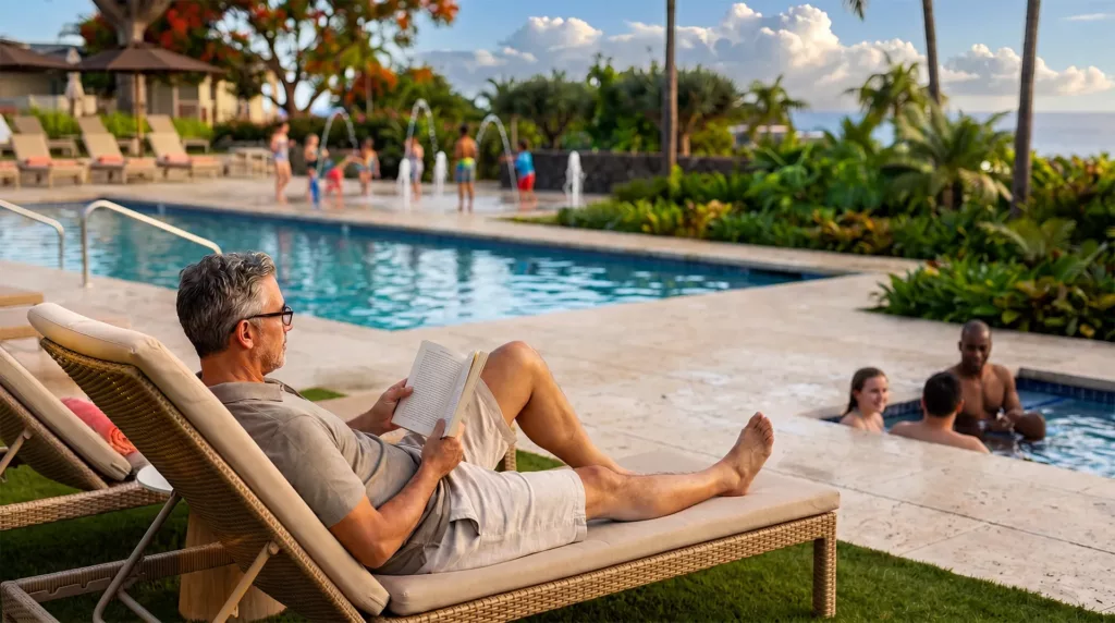 Man reading a book on a lounge chair beside a Hawaii Townhome pool with people swimming and the ocean in the background
