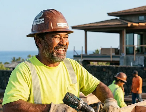 Construction worker in a hard hat smiling while using a power drill at a Hawaii Townhome building site