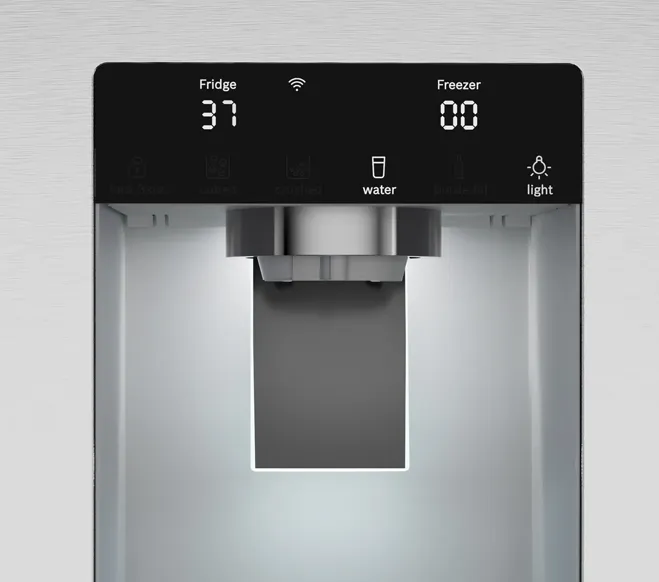 Bosch refrigerator control panel showing Fridge 37 and Freezer 00, with water and light icons