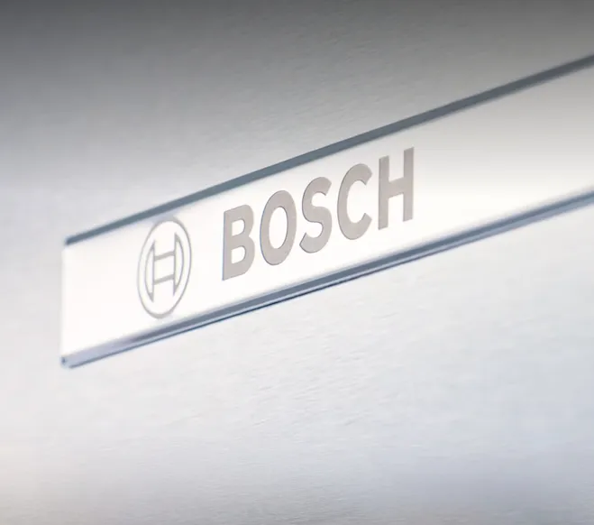 Bosch logo on a stainless steel refrigerator