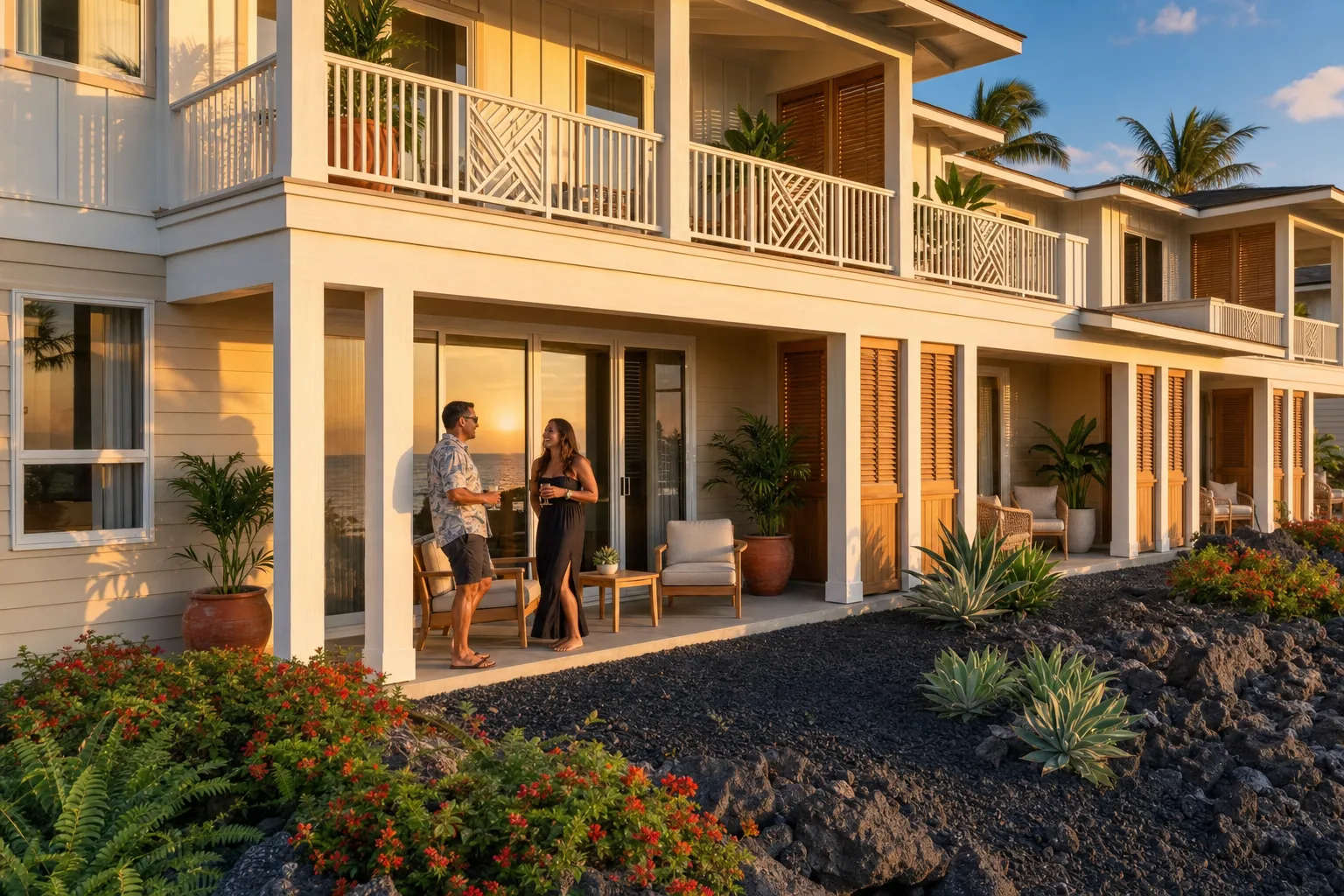 Couple on lanai on Hawaii townhome with ocean view sunset reflected in window