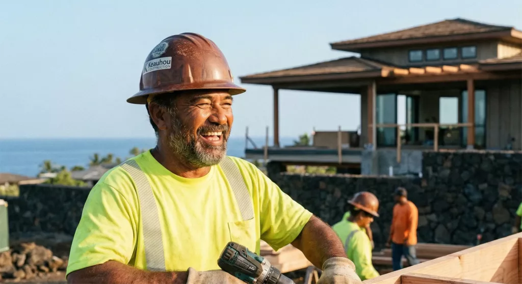 Construction worker smiling in a hard hat at a Hawaii seaside townhome build